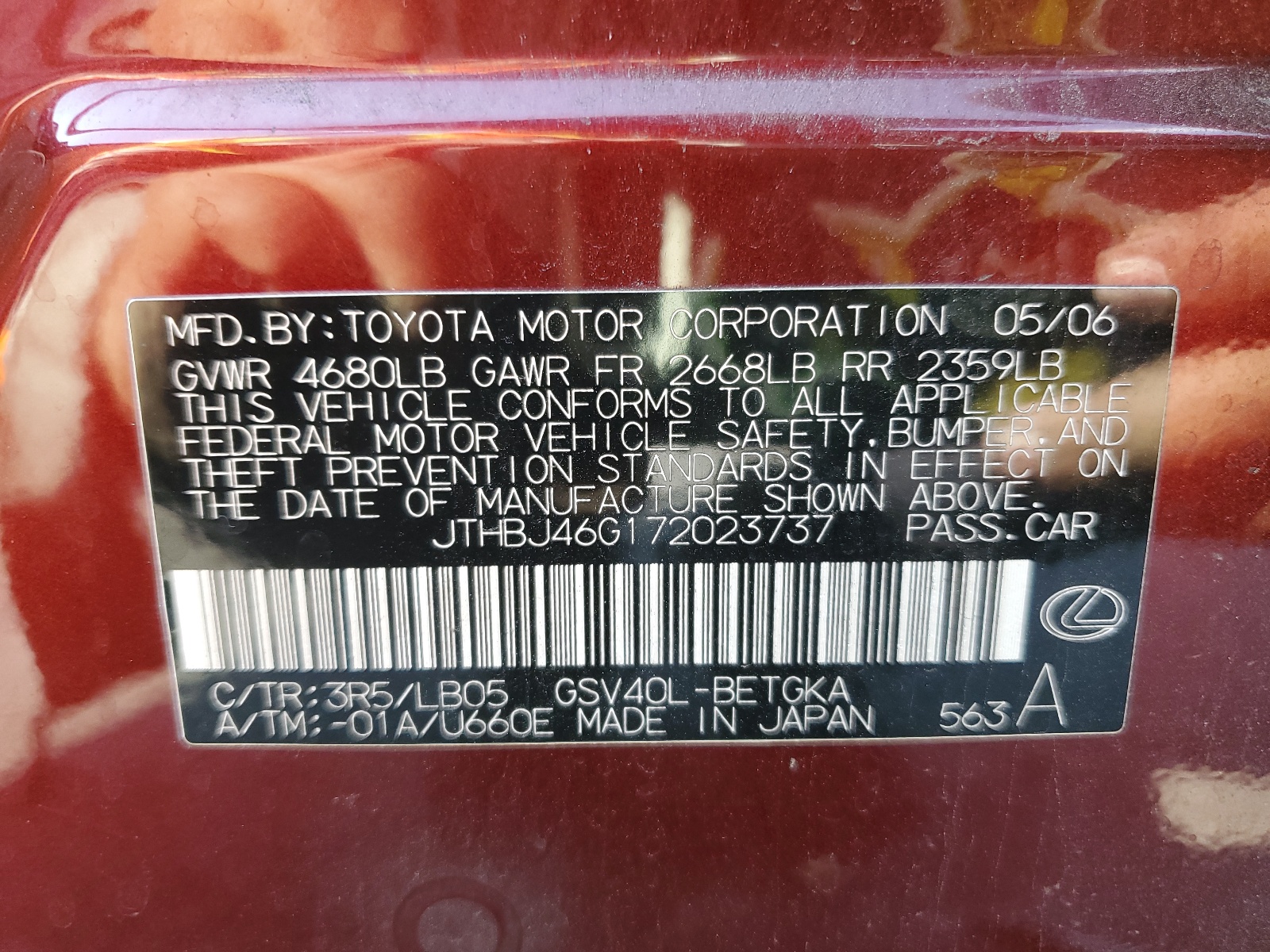 JTHBJ46G172023737 2007 Lexus Es 350