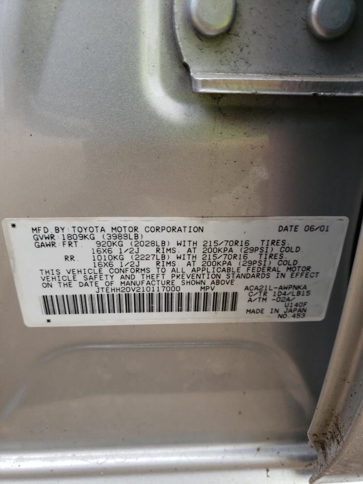 2001 Toyota Rav4 VIN: JTEHH20V210117000 Lot: 61340144