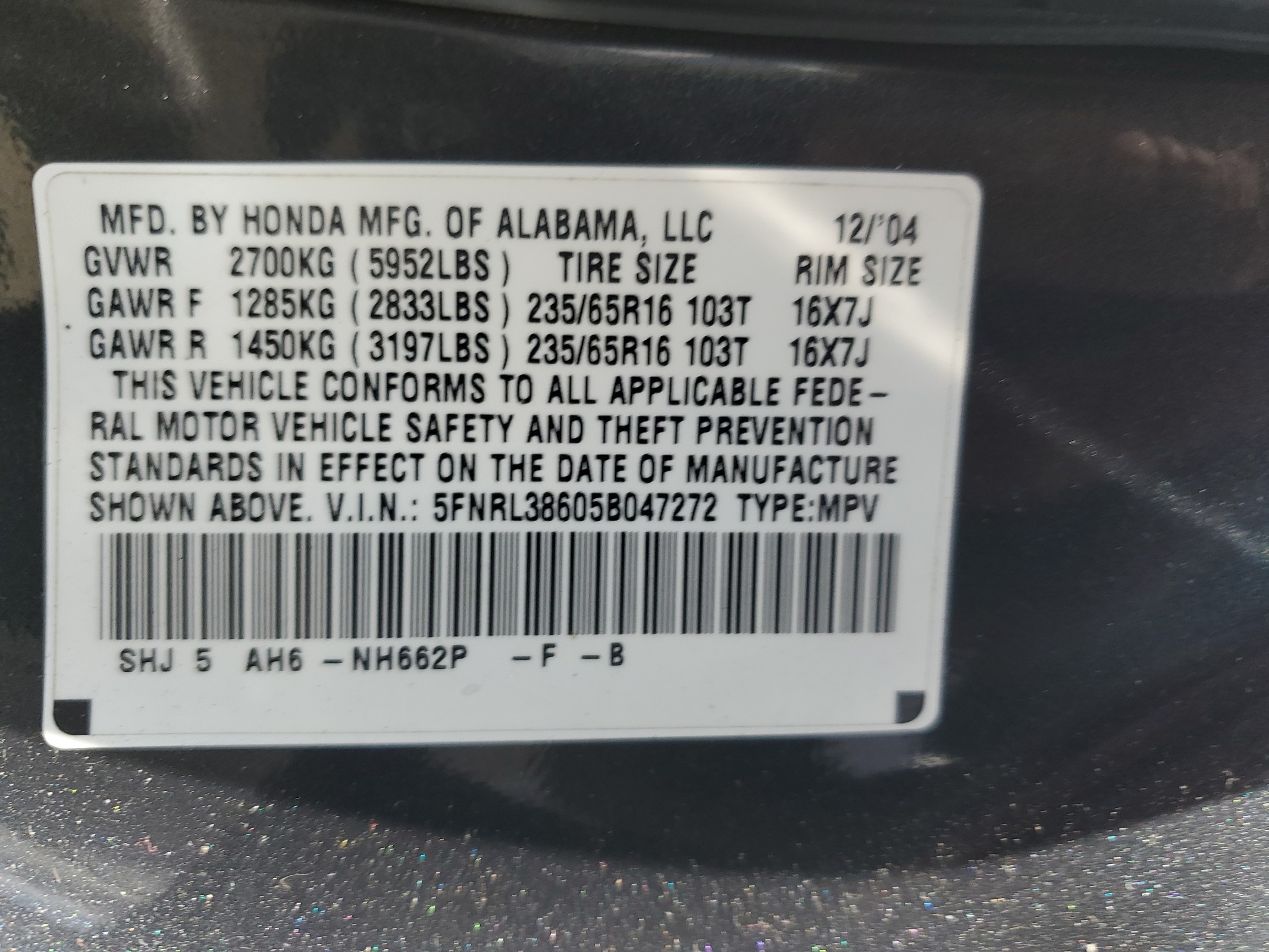 5FNRL38605B047272 2005 Honda Odyssey Exl