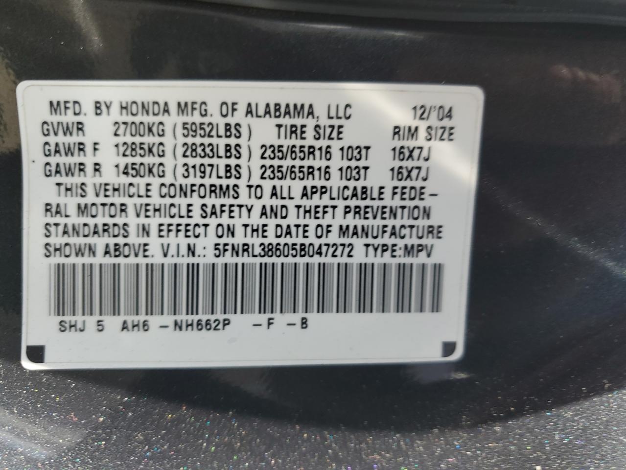 2005 Honda Odyssey Exl VIN: 5FNRL38605B047272 Lot: 63111764
