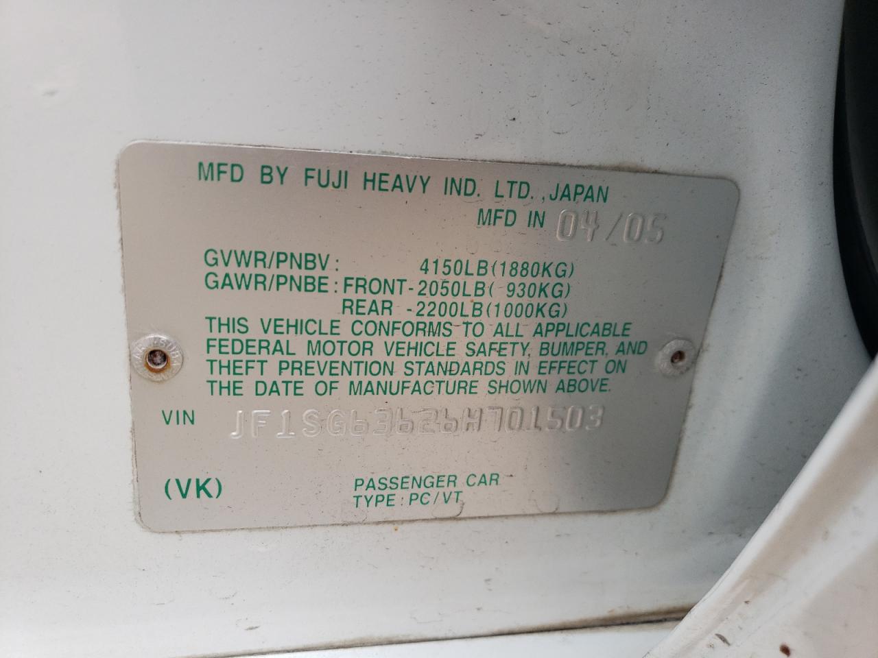 2006 Subaru Forester 2.5X VIN: JF1SG63626H701503 Lot: 64672824