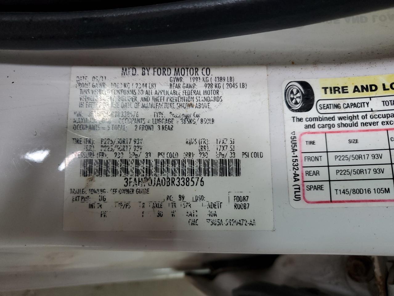 2011 Ford Fusion Sel VIN: 3FAHP0JA0BR338576 Lot: 62512784