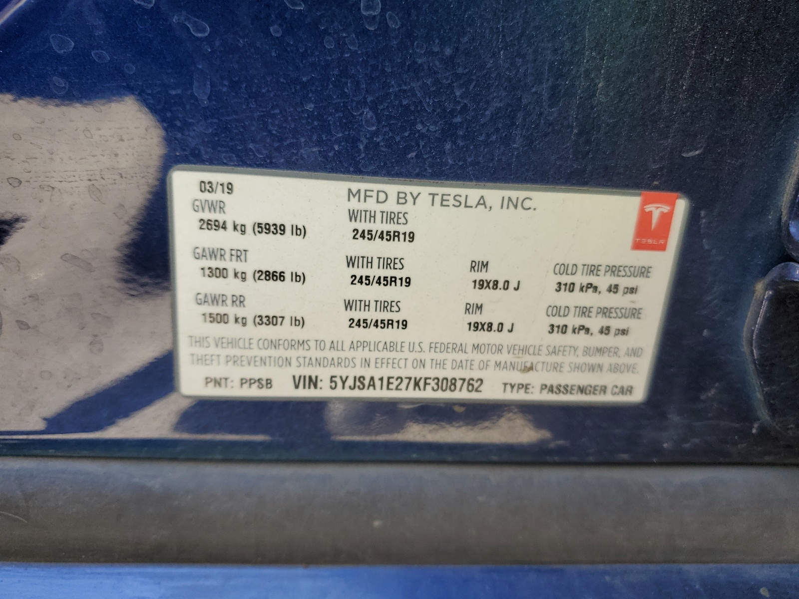 5YJSA1E27KF308762 2019 Tesla Model S