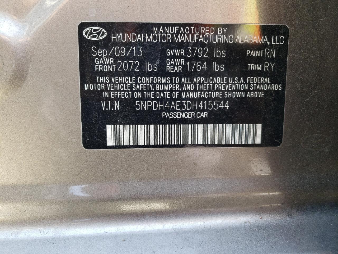 2013 Hyundai Elantra Gls VIN: 5NPDH4AE3DH415544 Lot: 64505474