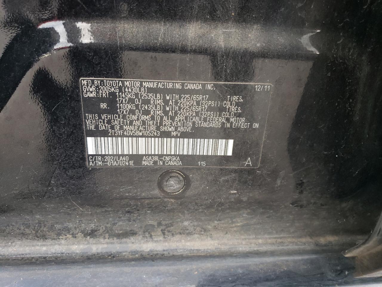 2011 Toyota Rav4 Limited VIN: 2T3YF4DV5BW105243 Lot: 62759844