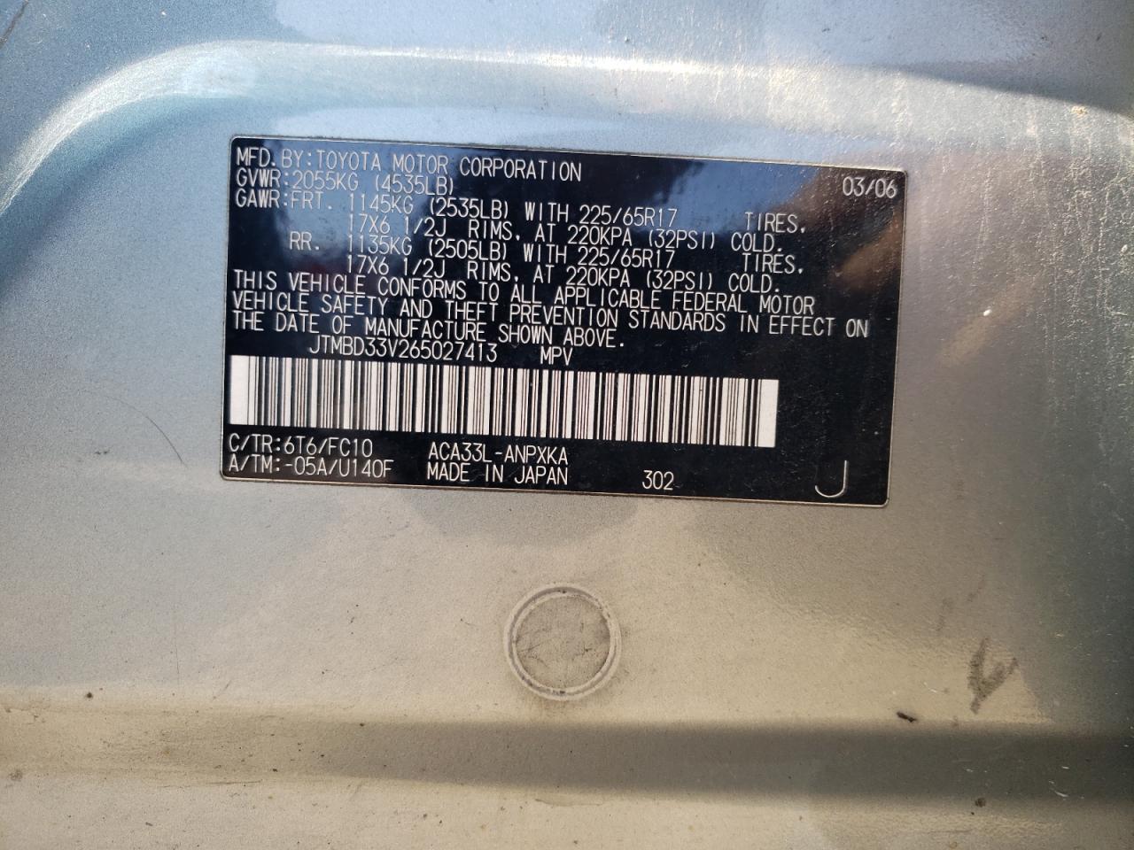 2006 Toyota Rav4 VIN: JTMBD33V265027413 Lot: 63608644