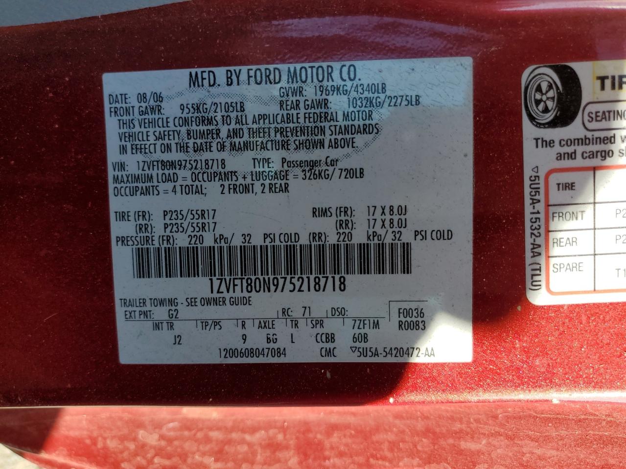 2007 Ford Mustang VIN: 1ZVFT80N975218718 Lot: 64945704