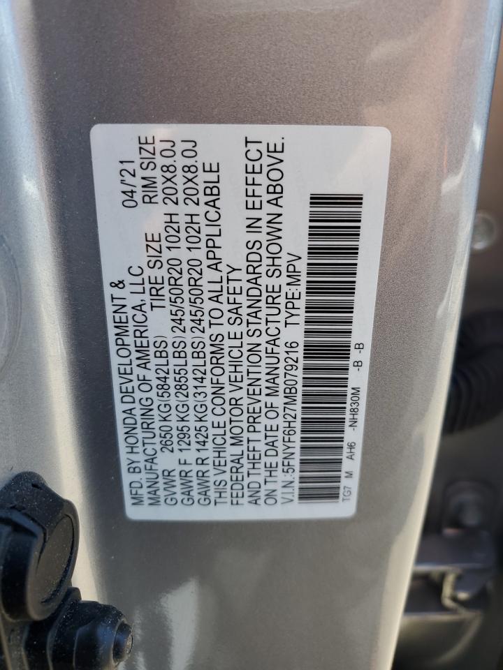 2021 Honda Pilot Se VIN: 5FNYF6H27MB079216 Lot: 61043804