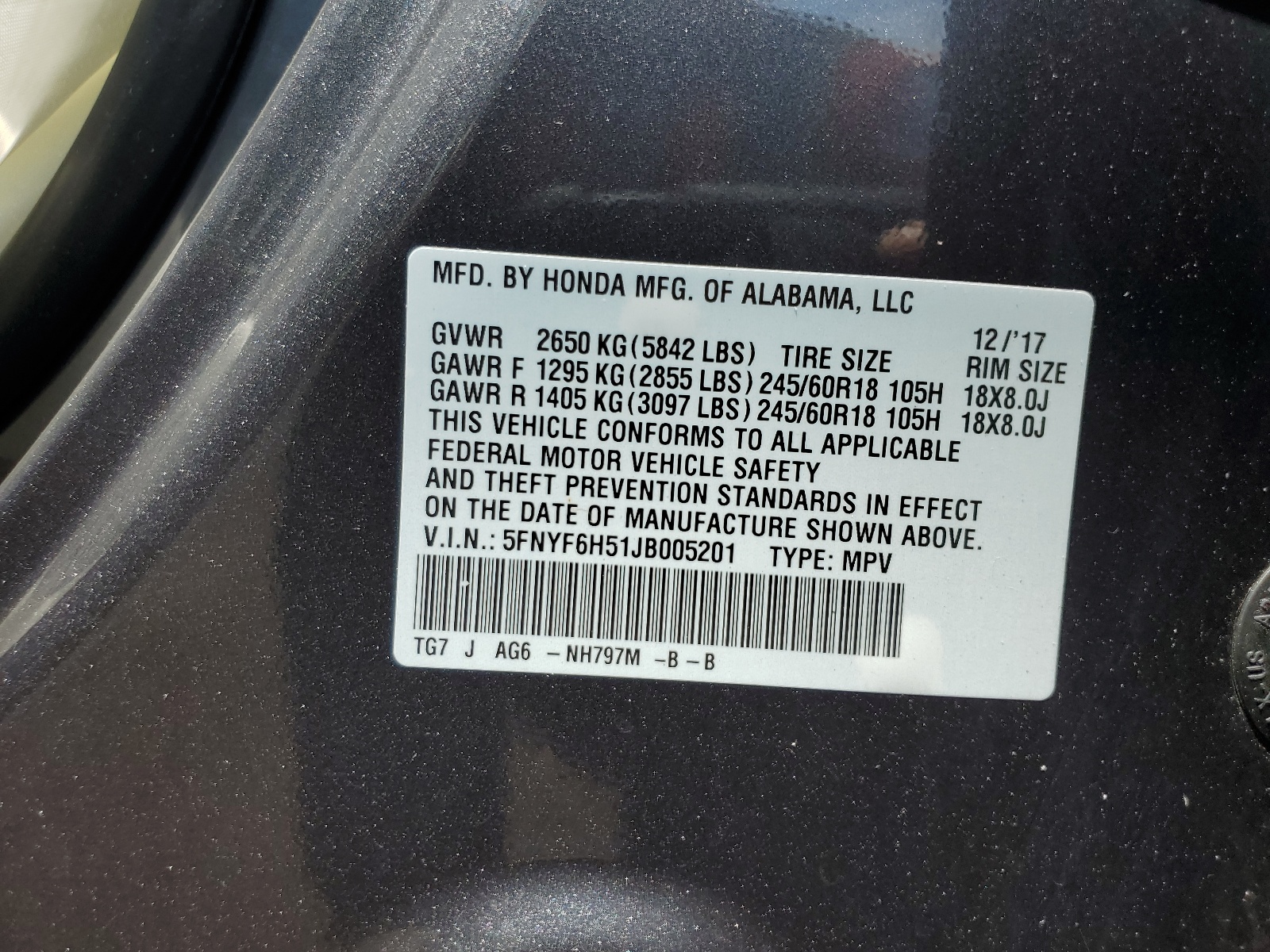 5FNYF6H51JB005201 2018 Honda Pilot Exl