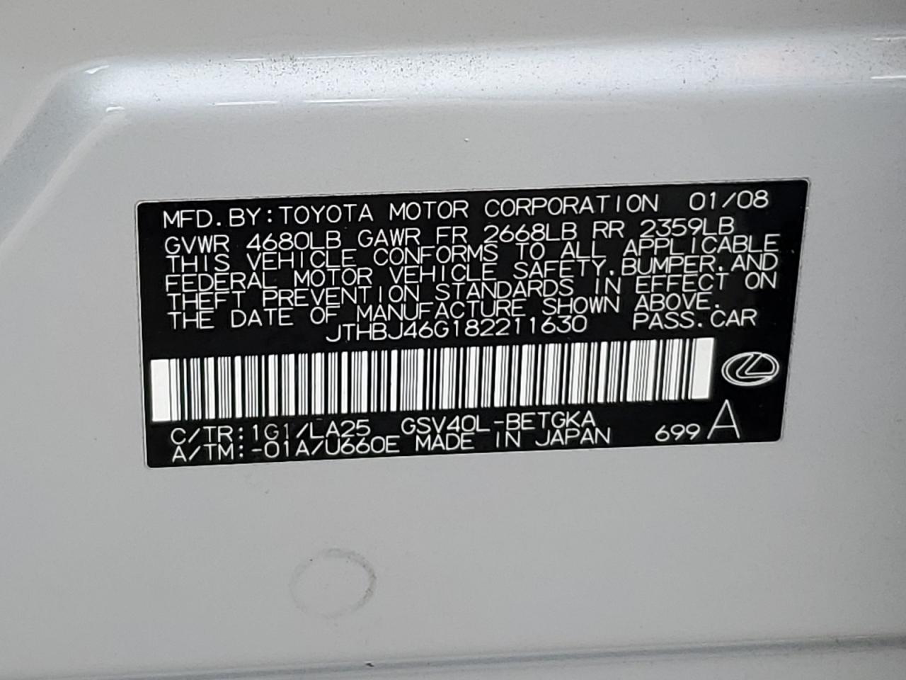 2008 Lexus Es 350 VIN: JTHBJ46G182211630 Lot: 59641364