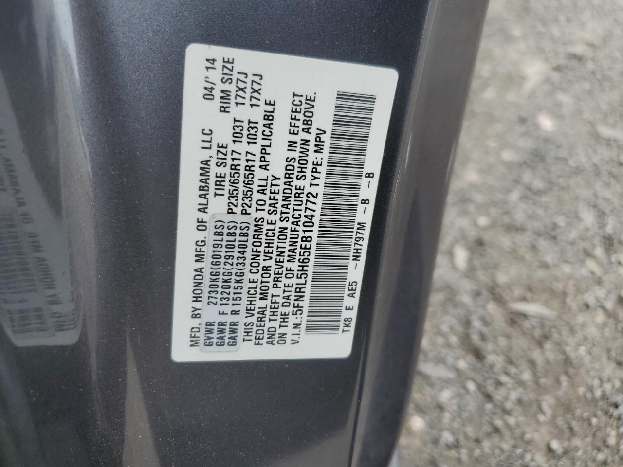 5FNRL5H65EB104772 2014 Honda Odyssey Exl