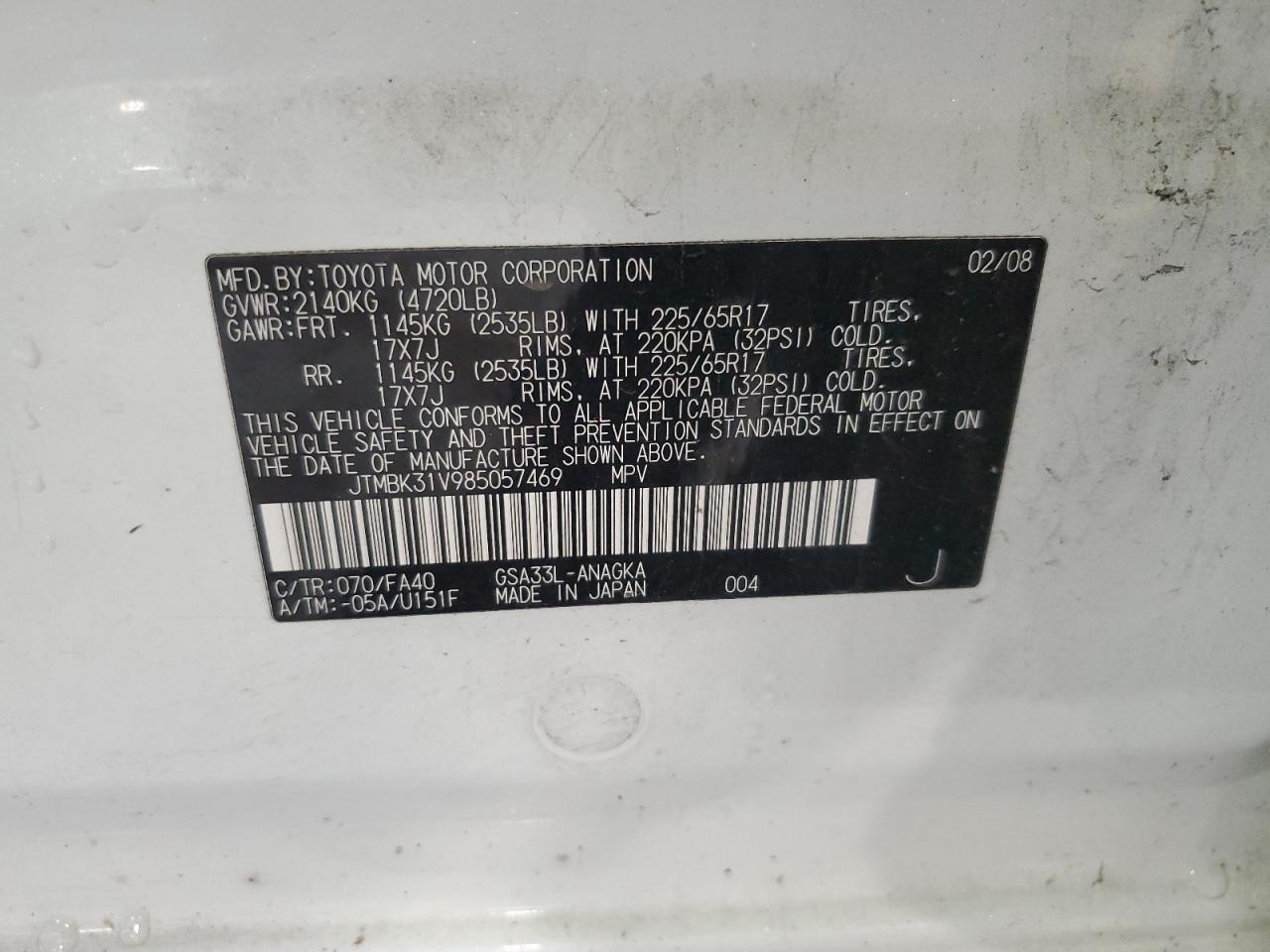 2008 Toyota Rav4 Limited VIN: JTMBK31V985057469 Lot: 61421604