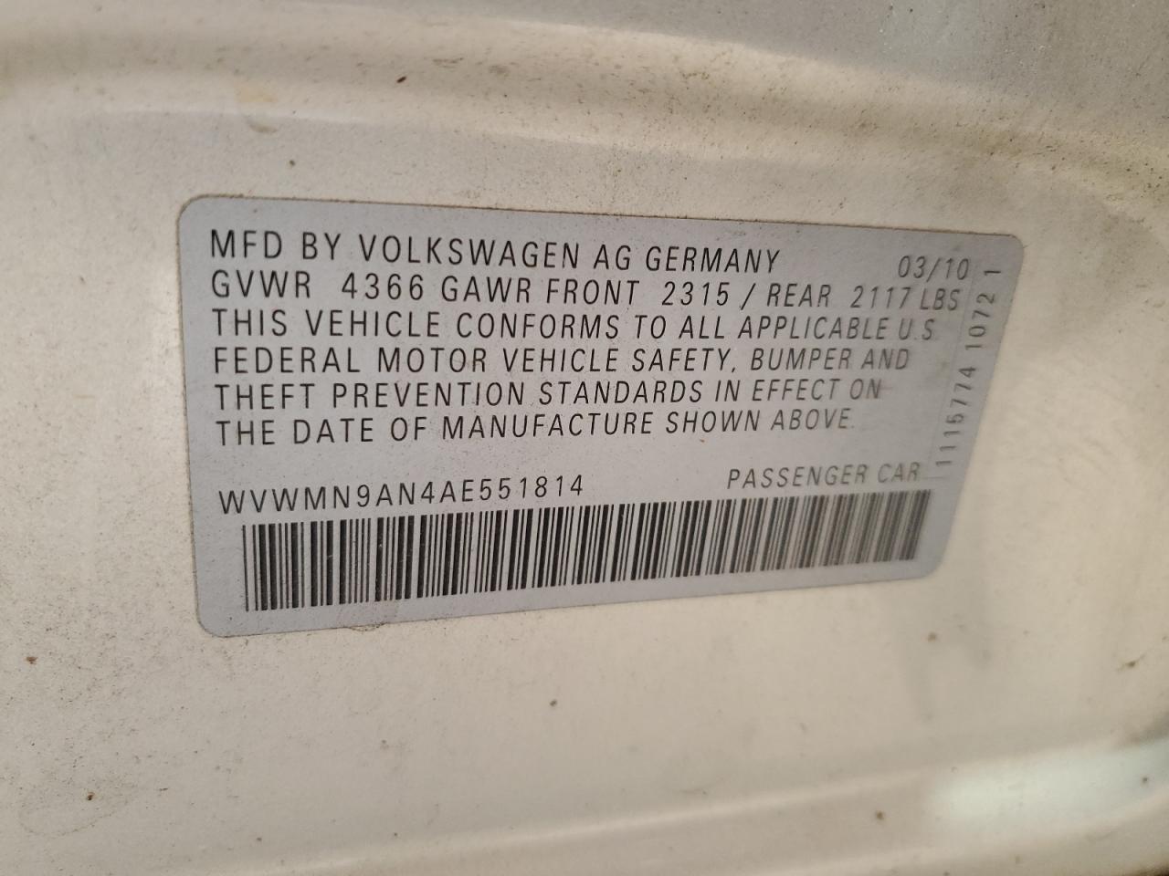 2010 Volkswagen Cc Sport VIN: WVWMN9AN4AE551814 Lot: 62312934