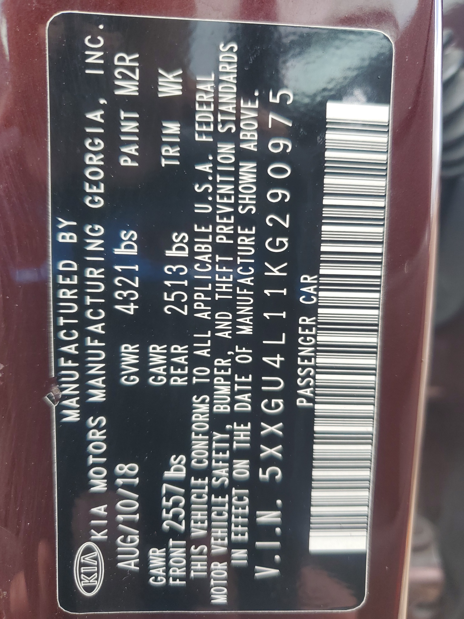 5XXGU4L11KG290975 2019 Kia Optima Ex