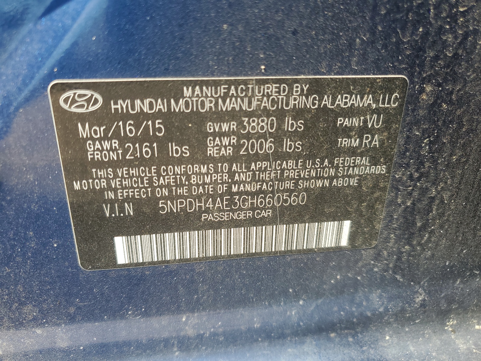 2016 Hyundai Elantra Se vin: 5NPDH4AE3GH660560