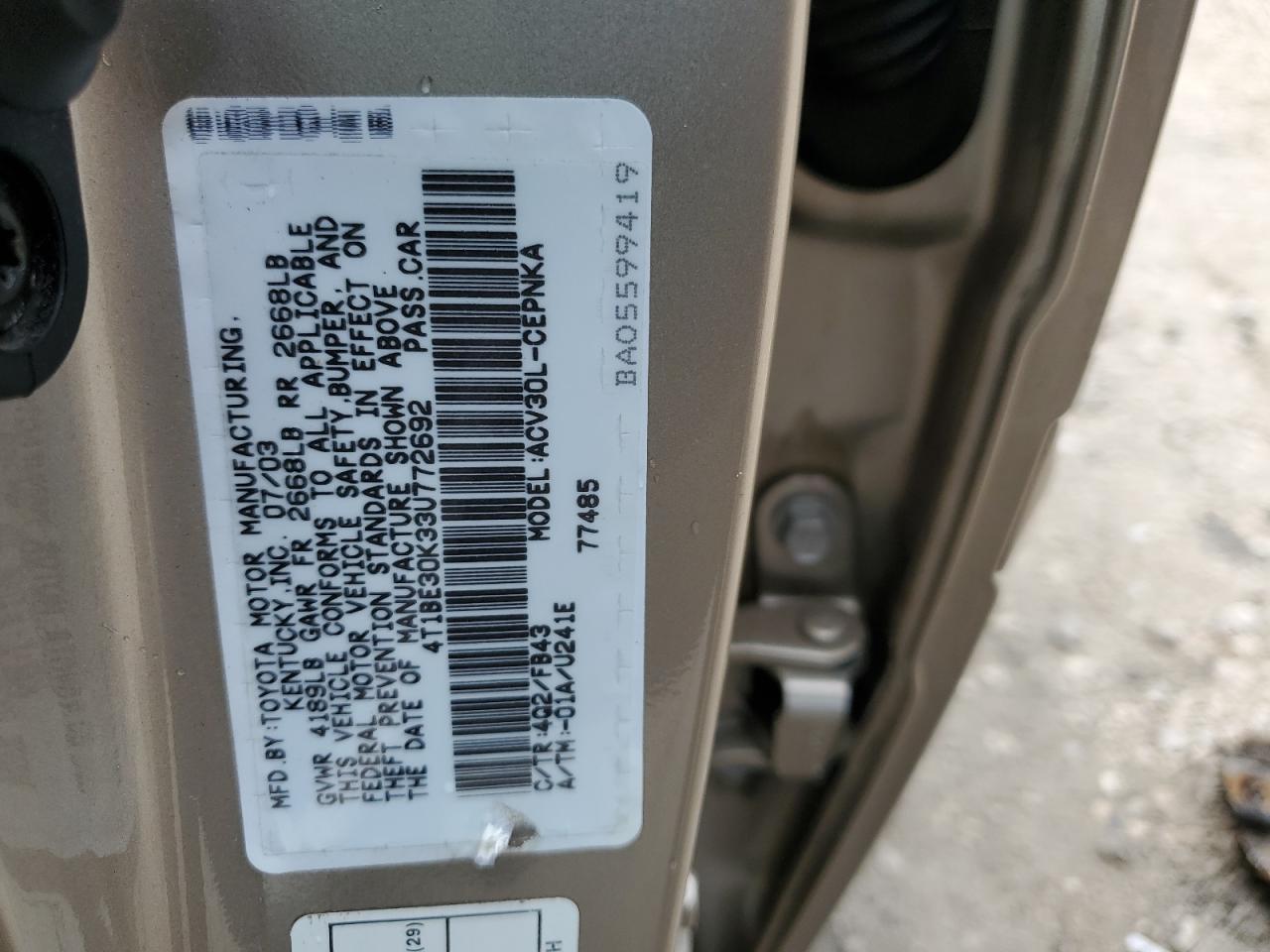 2003 Toyota Camry Le VIN: 4T1BE30K33U772692 Lot: 65030284