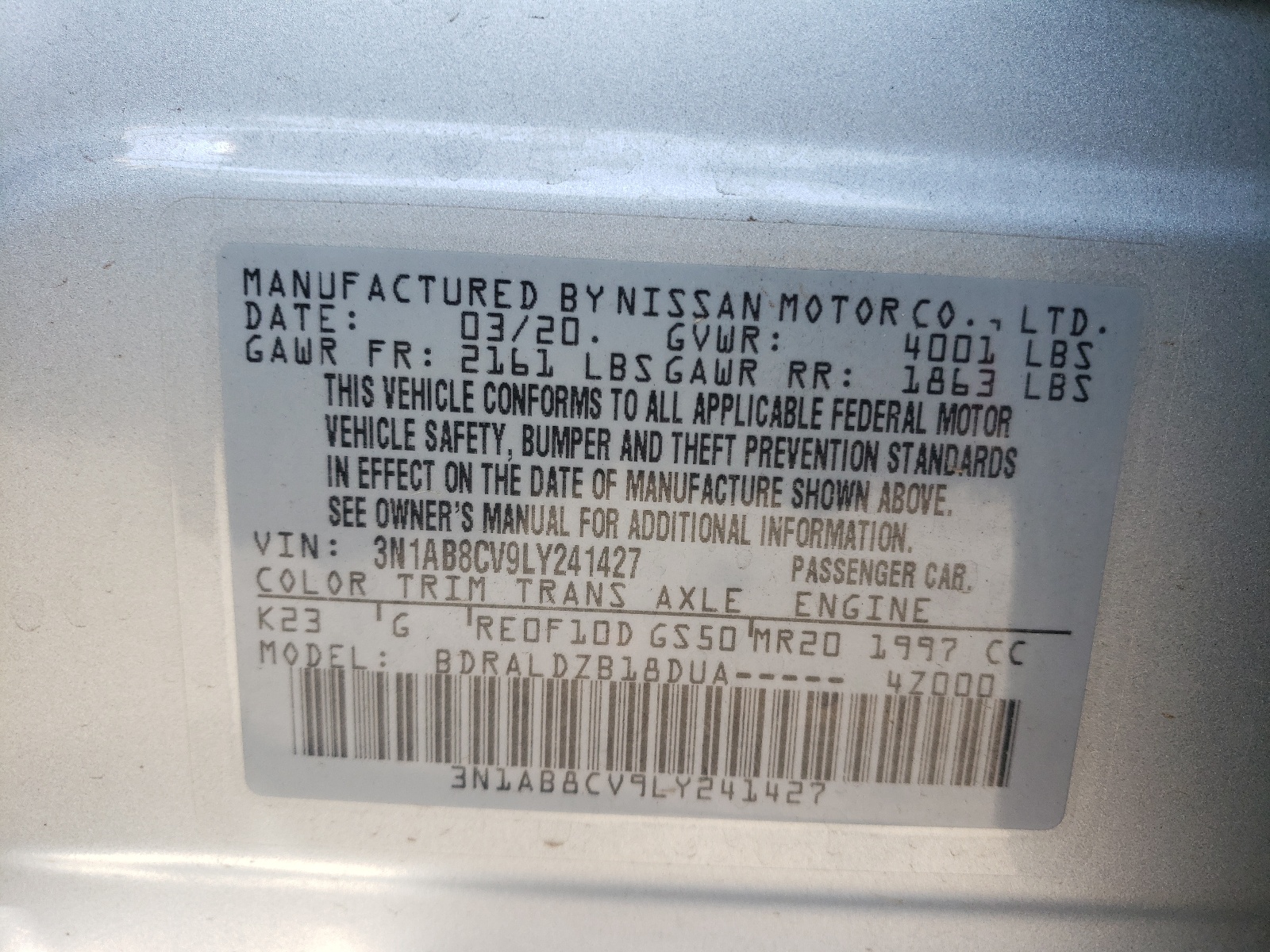 3N1AB8CV9LY241427 2020 Nissan Sentra Sv