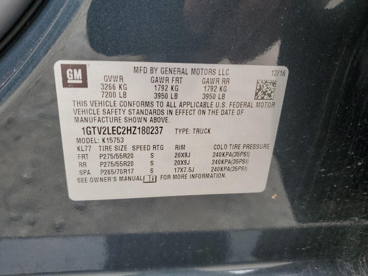 2017 GMC Sierra K1500 VIN: 1GTV2LEC2HZ180237 Lot: 62319594