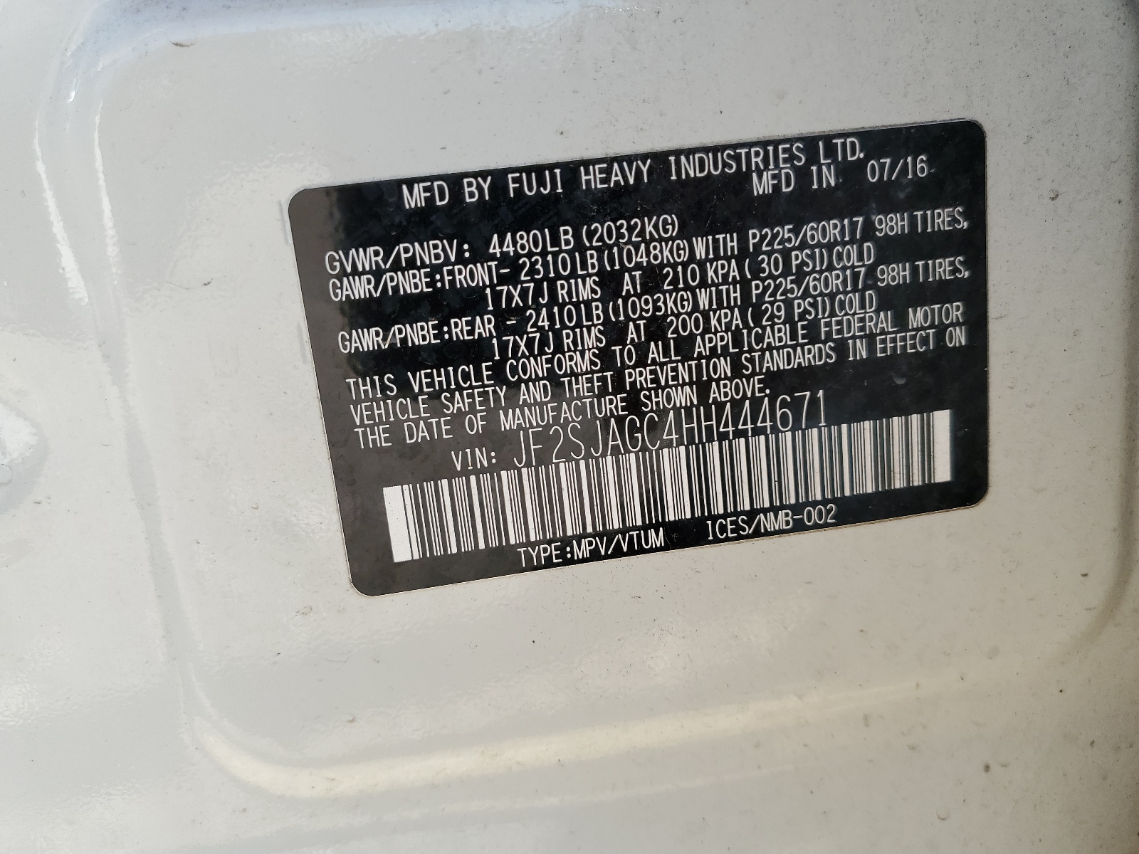 JF2SJAGC4HH444671 2017 Subaru Forester 2.5I Premium