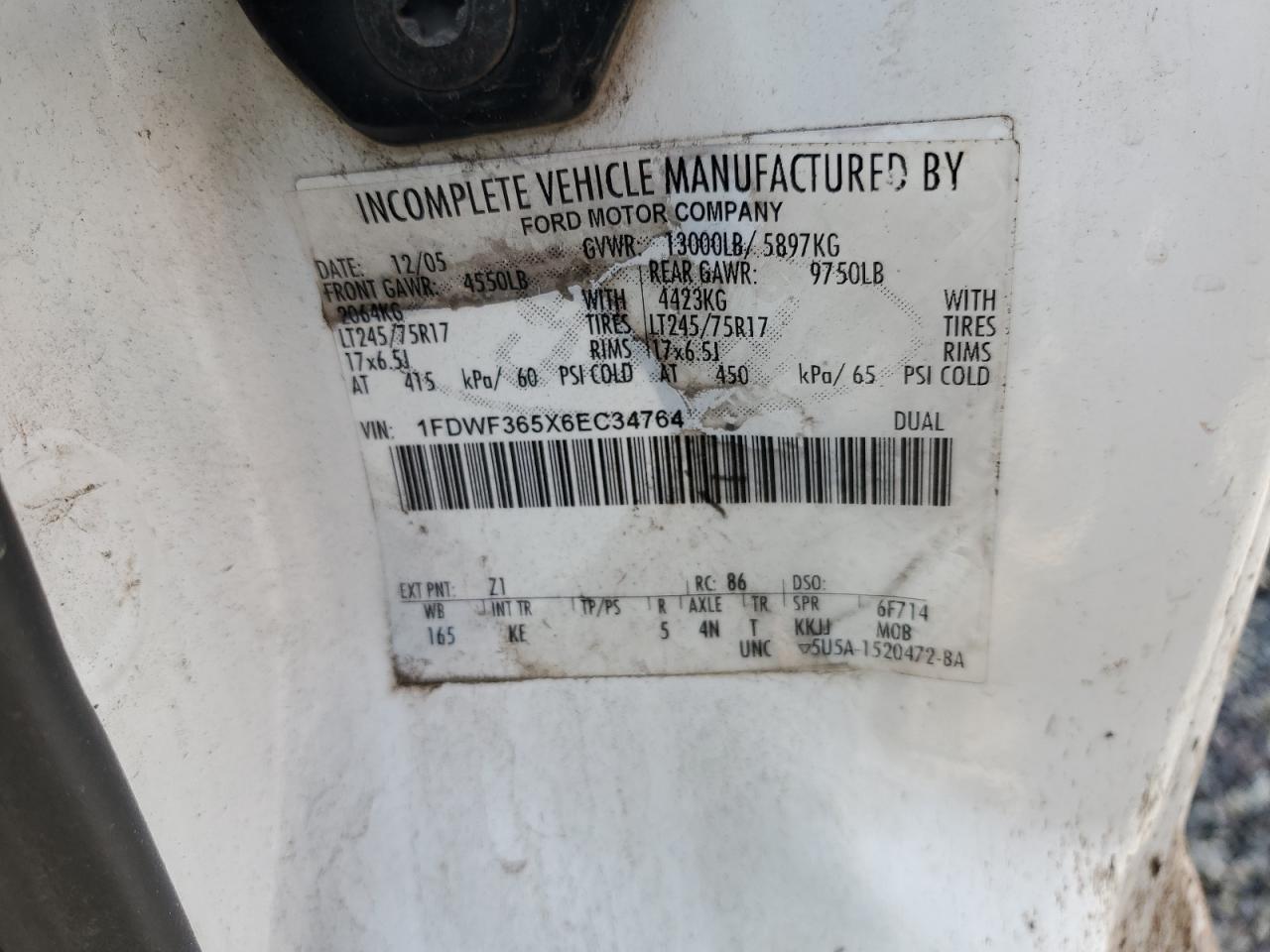 2006 Ford F350 Super Duty VIN: 1FDWF365X6EC34764 Lot: 61201614