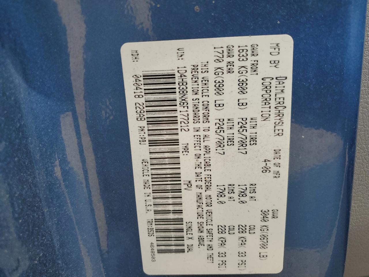 2006 Dodge Durango Sxt VIN: 1D4HB38NX6F177212 Lot: 63915984