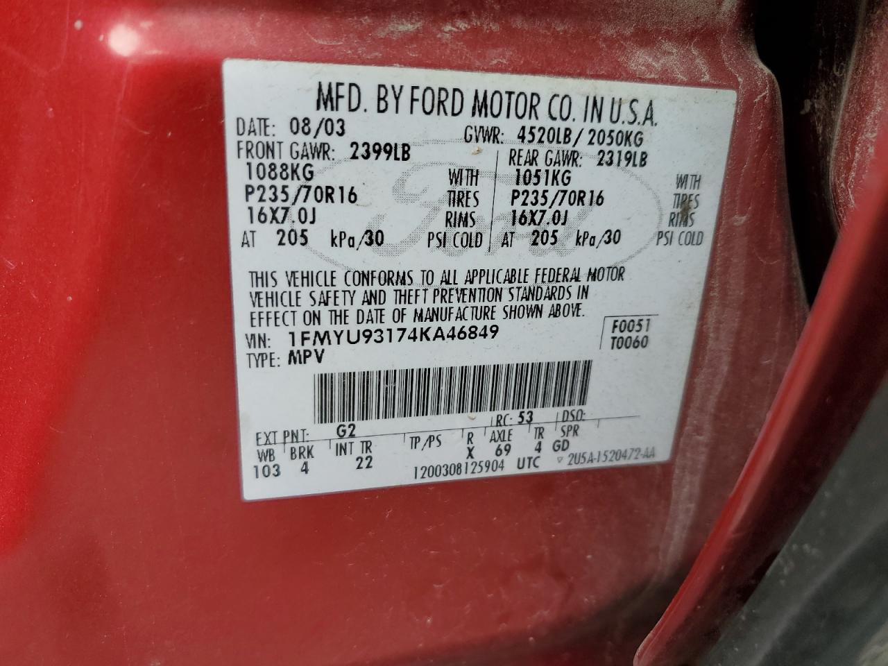 2004 Ford Escape Xlt VIN: 1FMYU93174KA46849 Lot: 64982324