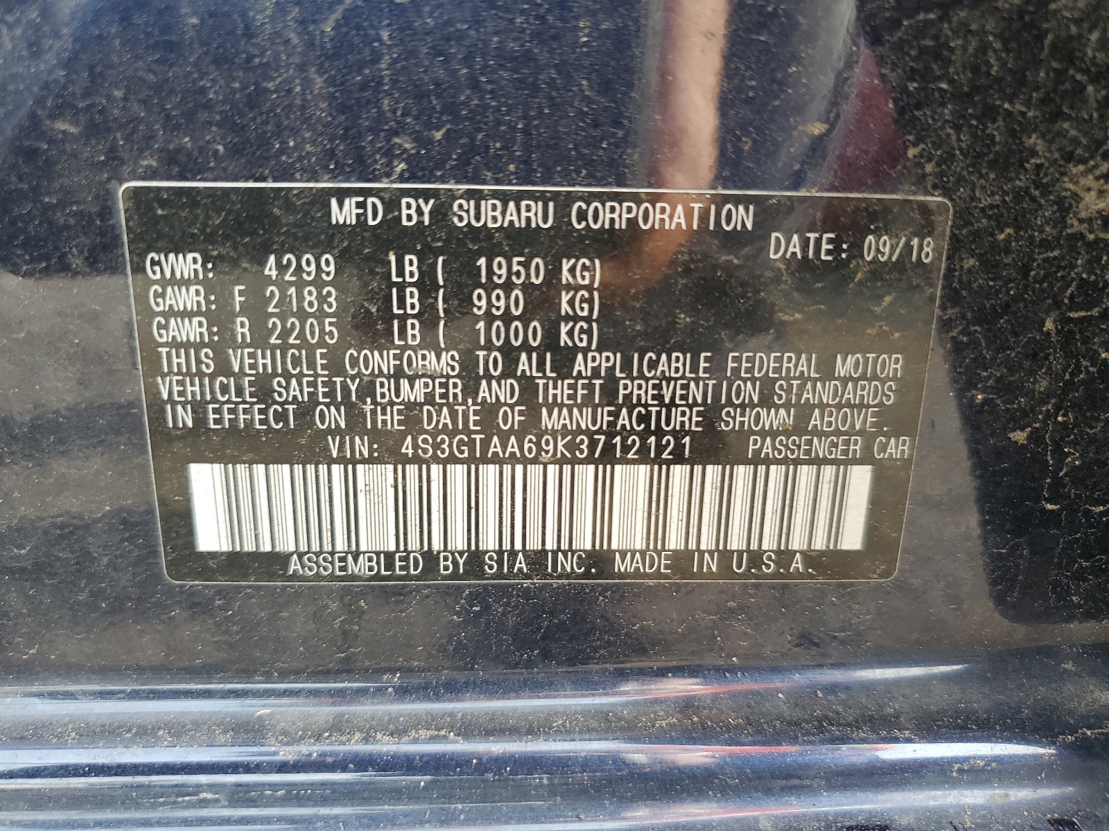 4S3GTAA69K3712121 2019 Subaru Impreza