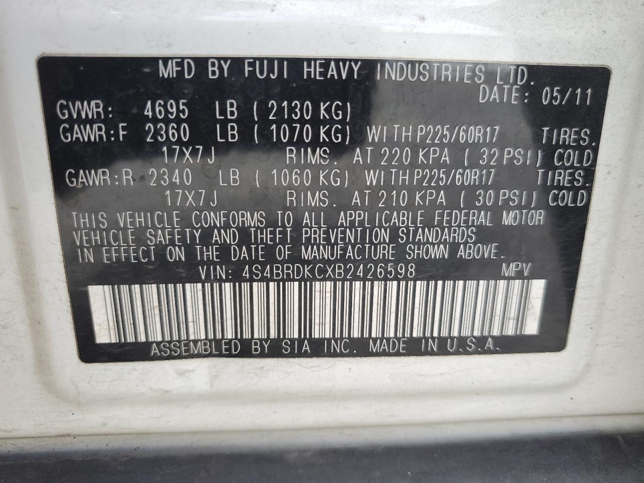 2011 Subaru Outback 3.6R Limited VIN: 4S4BRDKCXB2426598 Lot: 61160654