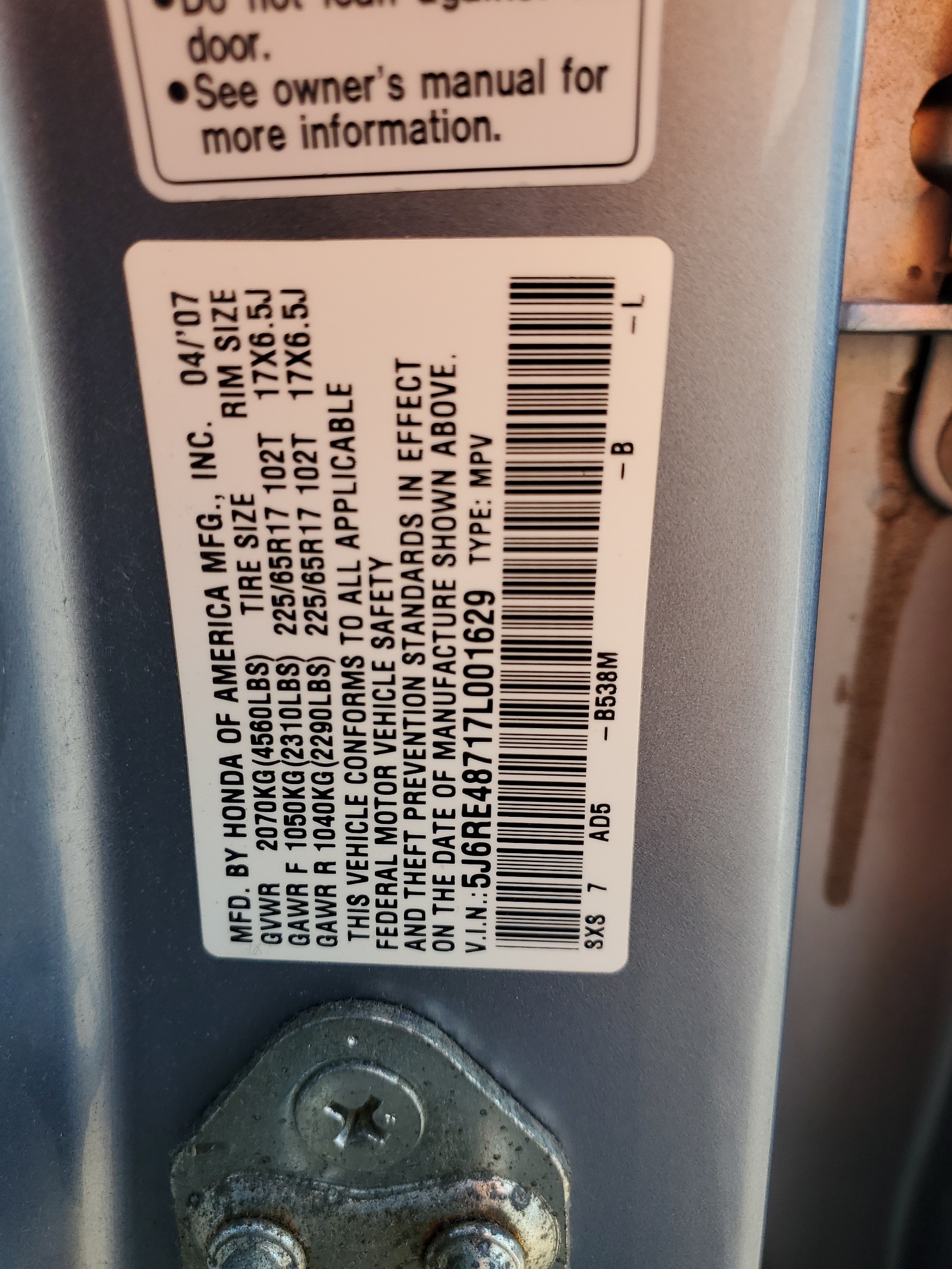 5J6RE48717L001629 2007 Honda Cr-V Exl