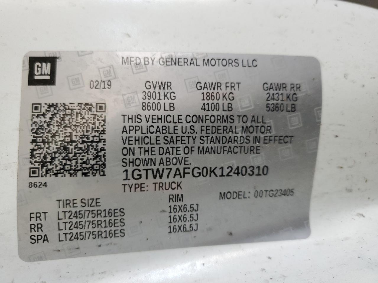 2019 GMC Savana G2500 VIN: 1GTW7AFG0K1240310 Lot: 66046584