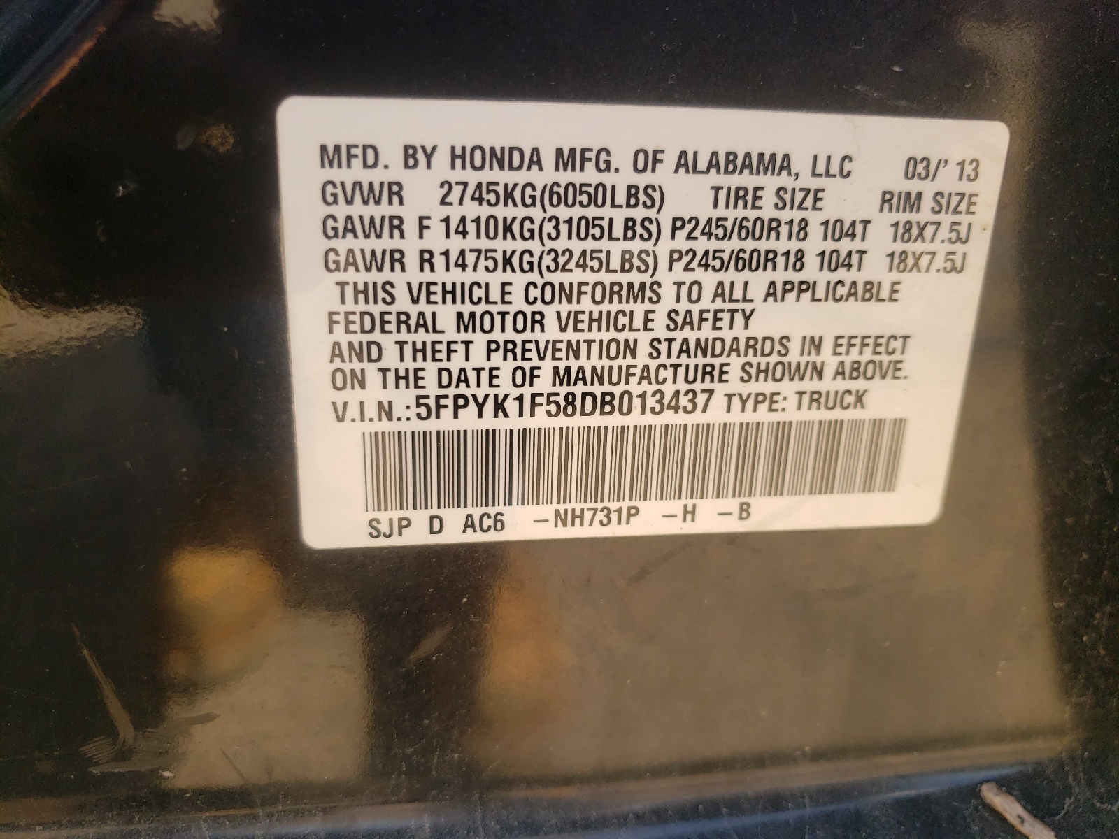 5FPYK1F58DB013437 2013 Honda Ridgeline Rtl