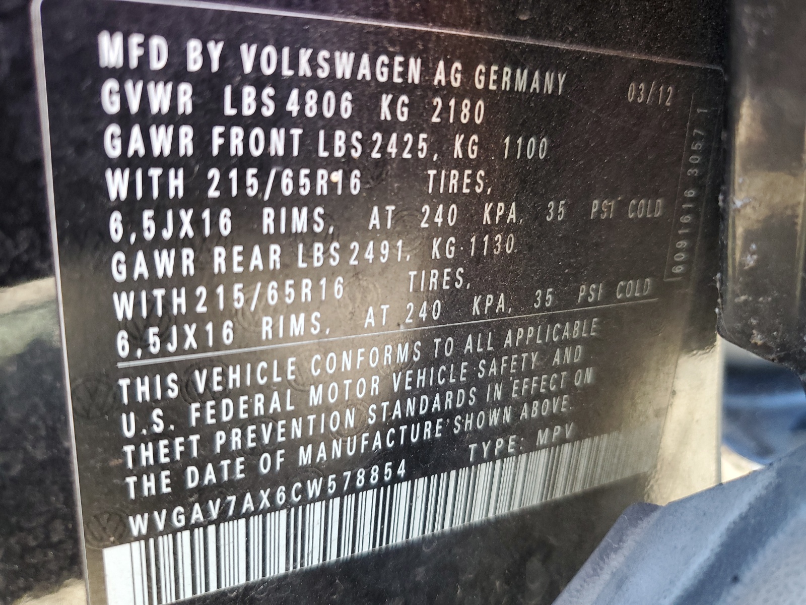 WVGAV7AX6CW578854 2012 Volkswagen Tiguan S