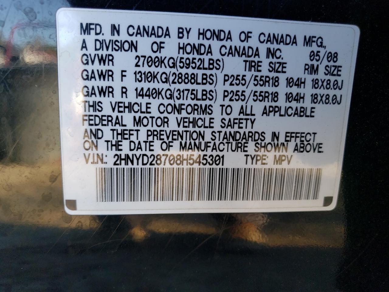2008 Acura Mdx Sport VIN: 2HNYD28708H545301 Lot: 61522634