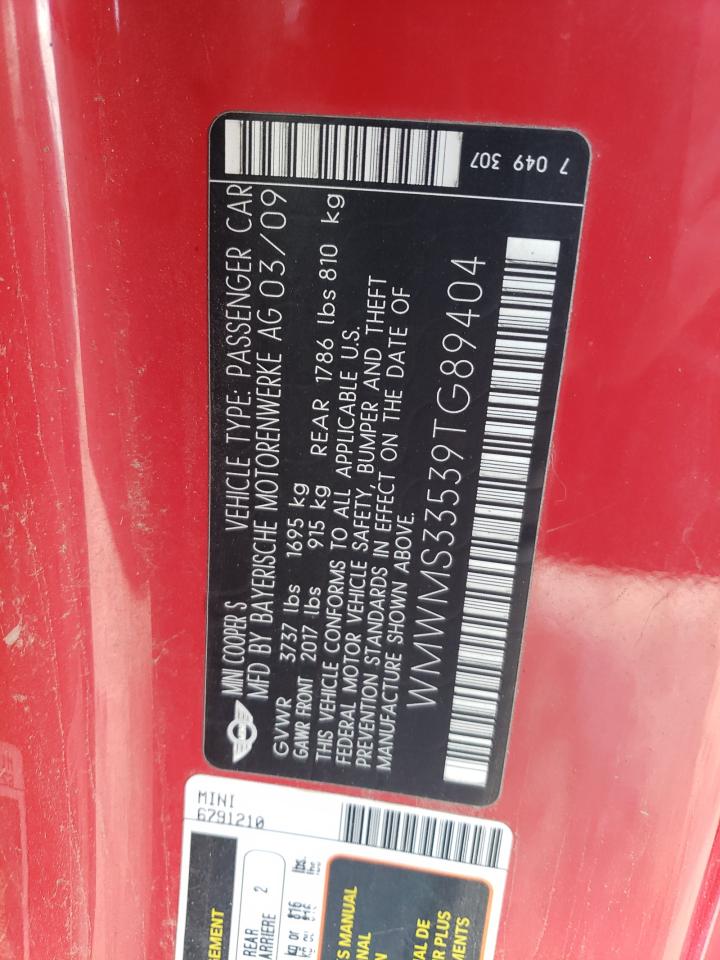 2009 Mini Cooper S VIN: WMWMS33539TG89404 Lot: 63816664