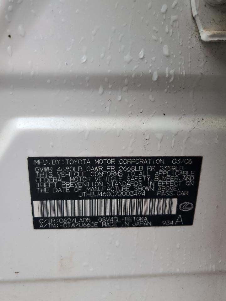 2007 Lexus Es 350 VIN: JTHBJ46G072003494 Lot: 65170544