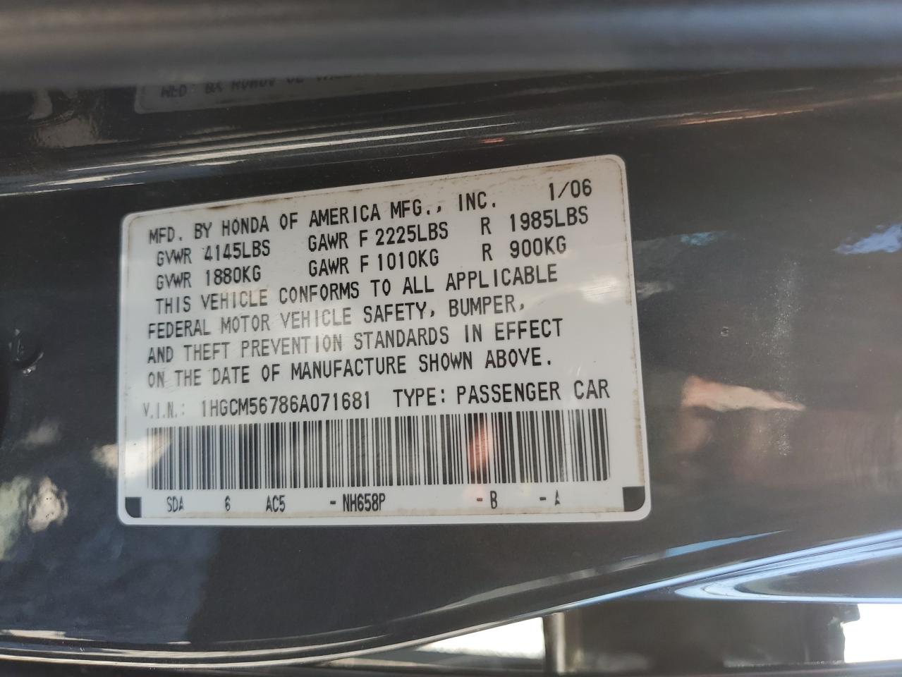 2006 Honda Accord Ex VIN: 1HGCM56786A071681 Lot: 61156324