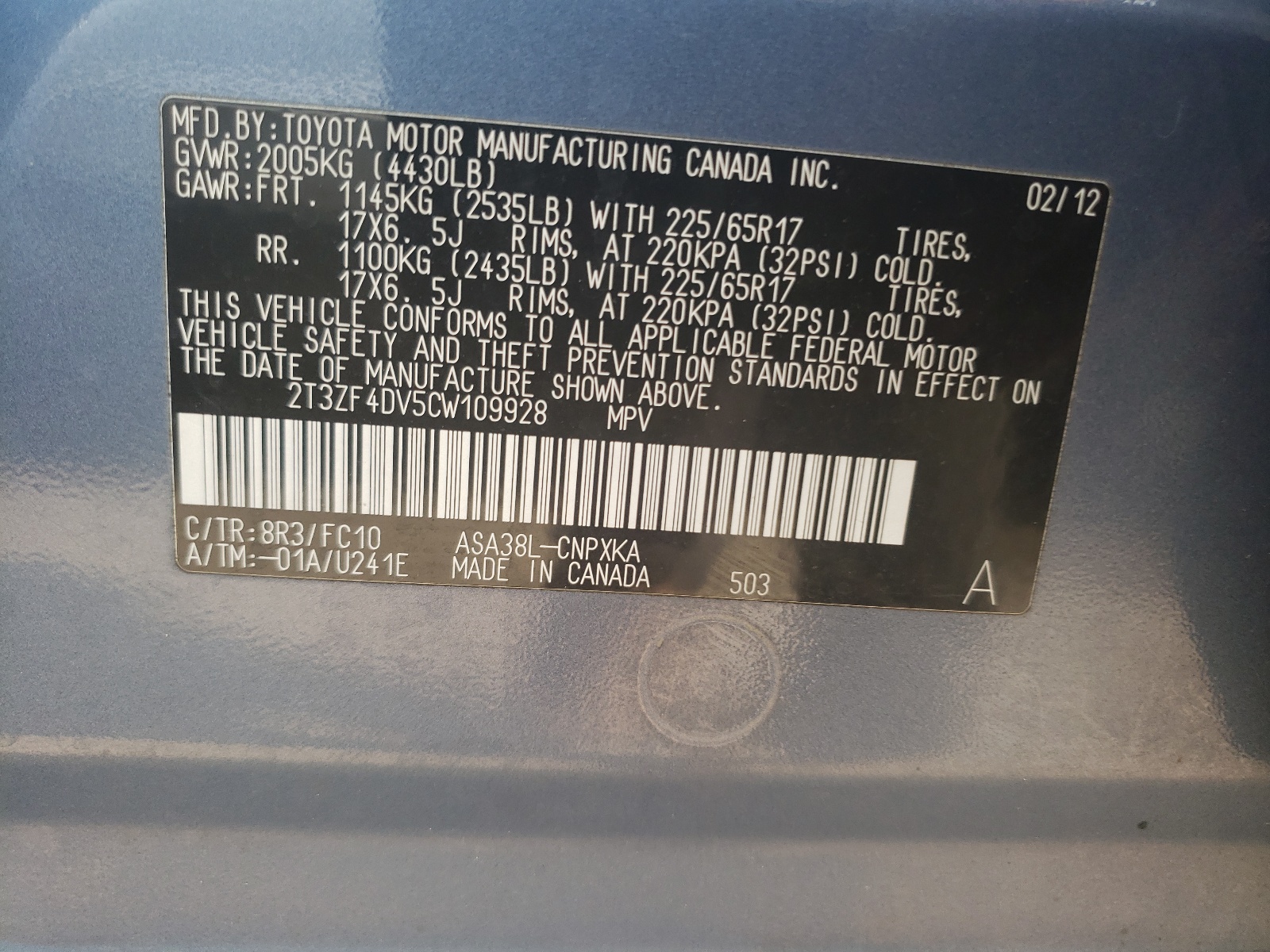 2T3ZF4DV5CW109928 2012 Toyota Rav4