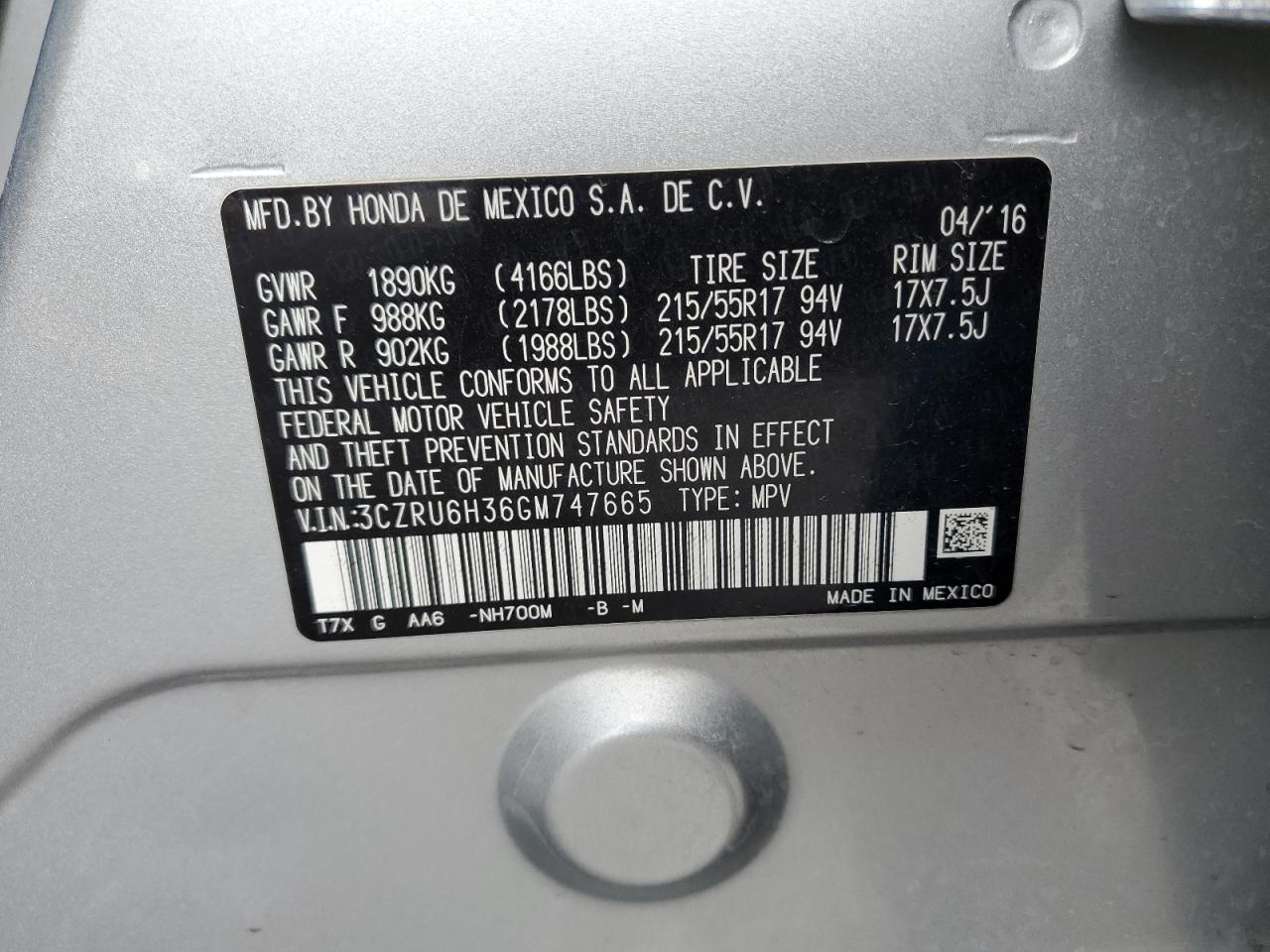 2016 Honda Hr-V Lx VIN: 3CZRU6H36GM747665 Lot: 62954424