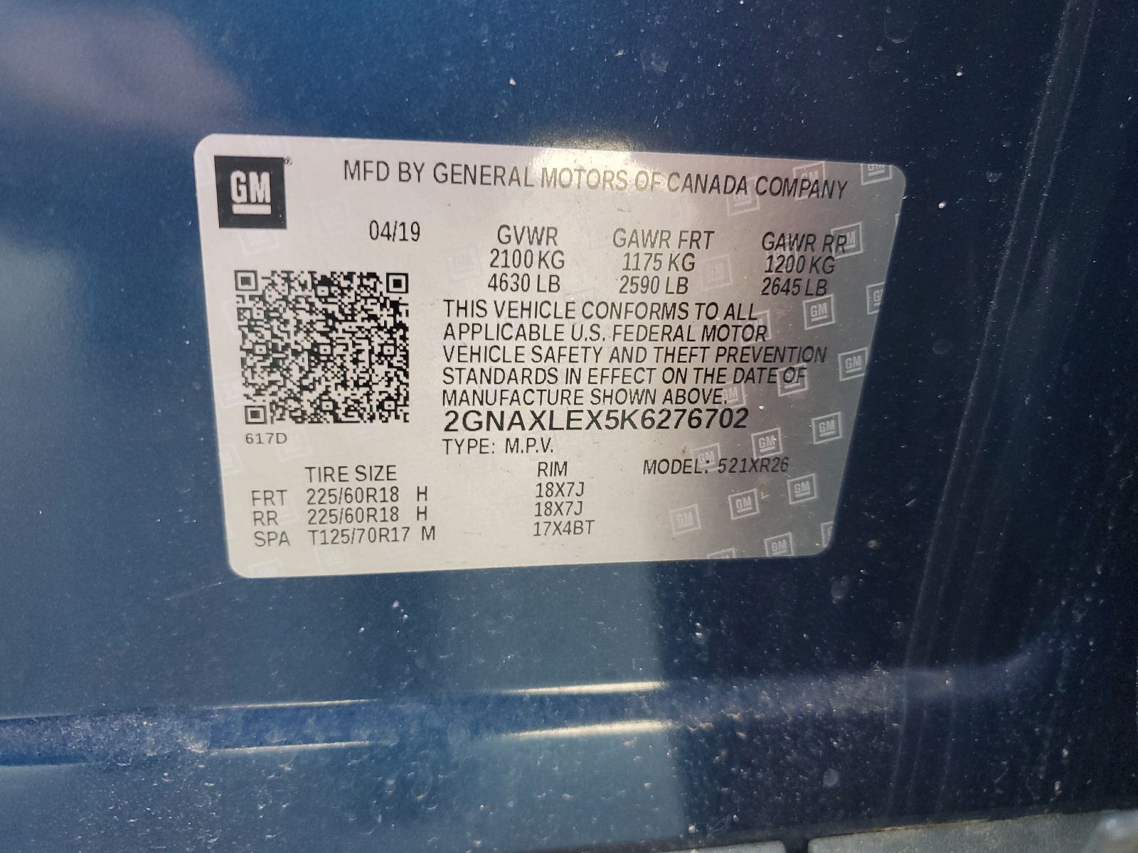 2GNAXLEX5K6276702 2019 Chevrolet Equinox Lt