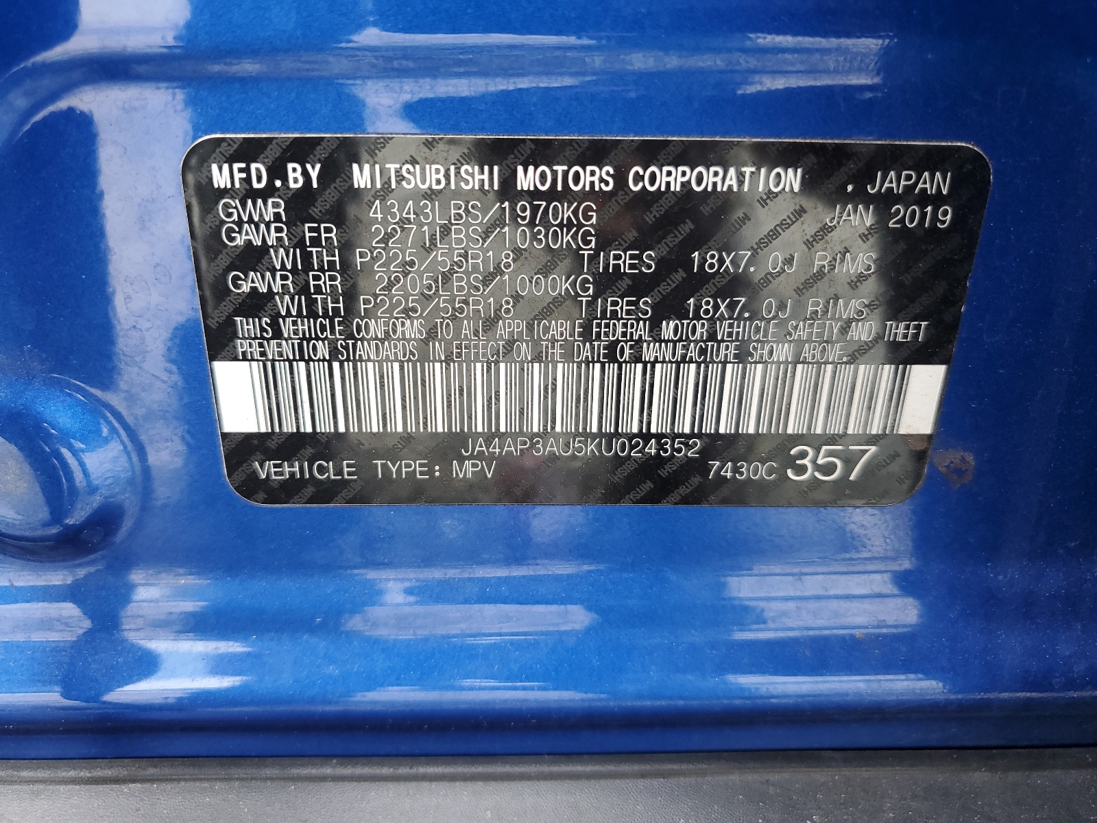 JA4AP3AU5KU024352 2019 Mitsubishi Outlander Sport Es