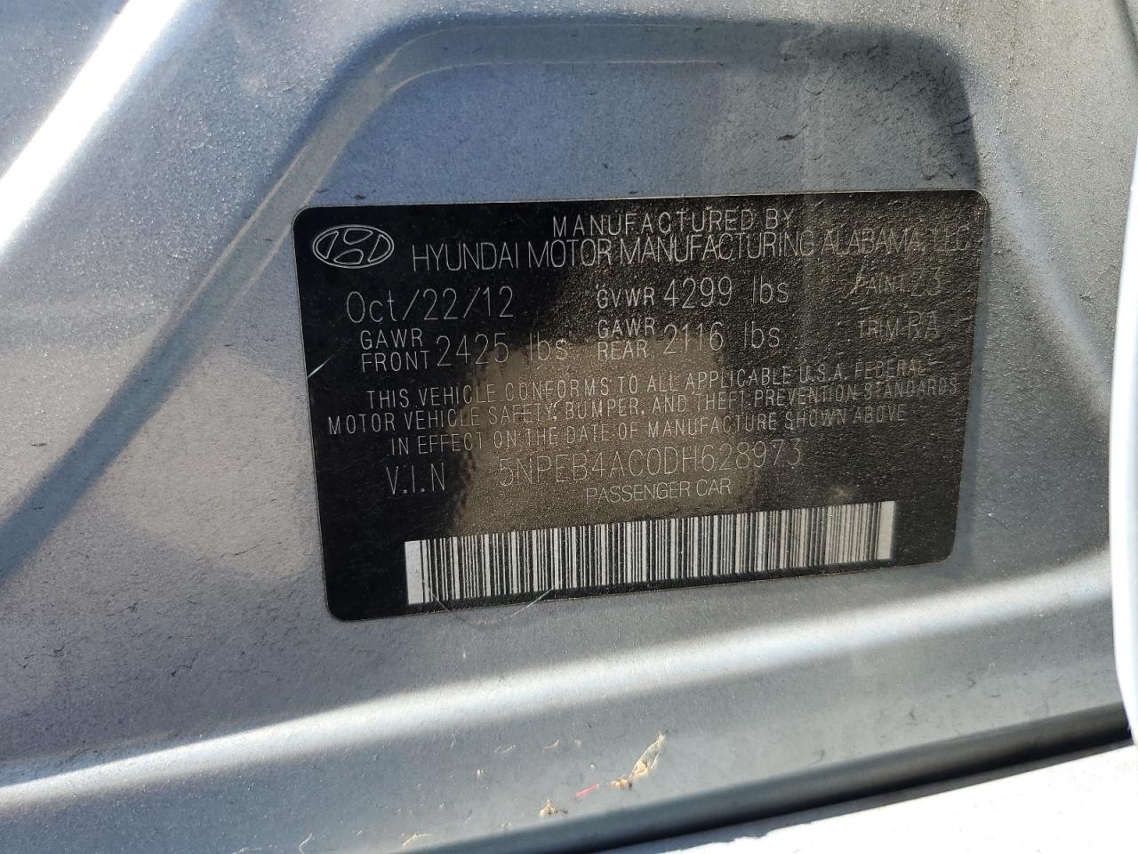 2013 Hyundai Sonata Gls VIN: 5NPEB4AC0DH628973 Lot: 63318464