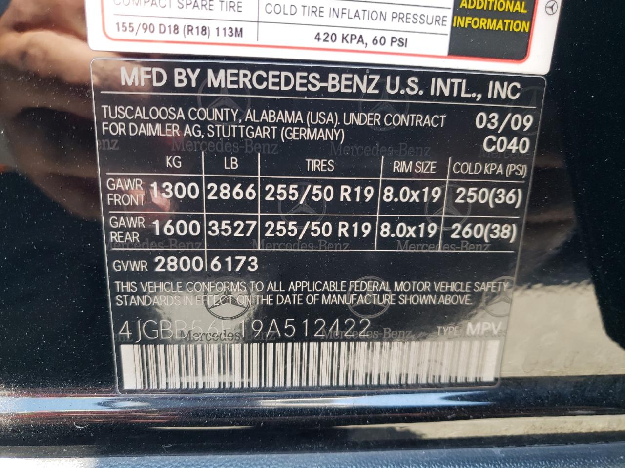 4JGBB56E19A512422 2009 Mercedes-Benz Ml 350