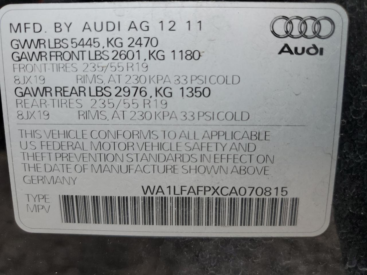 2012 Audi Q5 Premium Plus VIN: WA1LFAFPXCA070815 Lot: 63720744