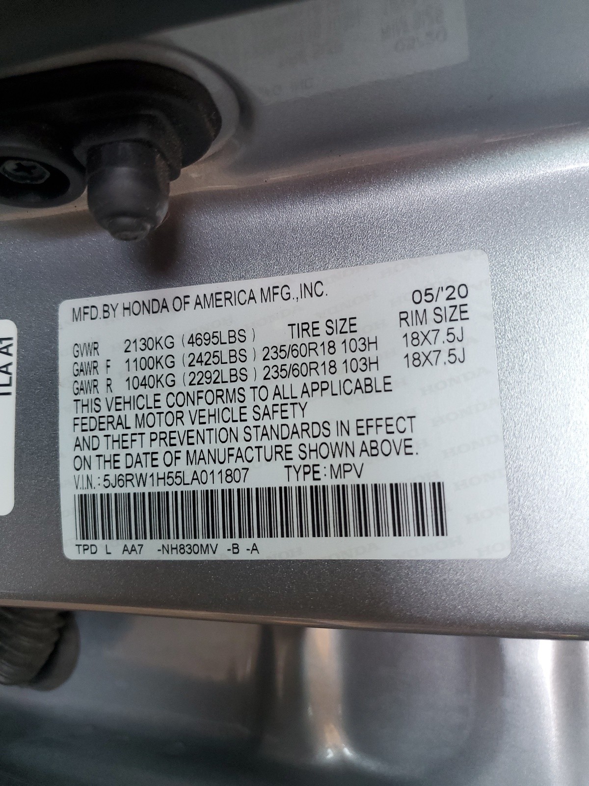 5J6RW1H55LA011807 2020 Honda Cr-V Ex