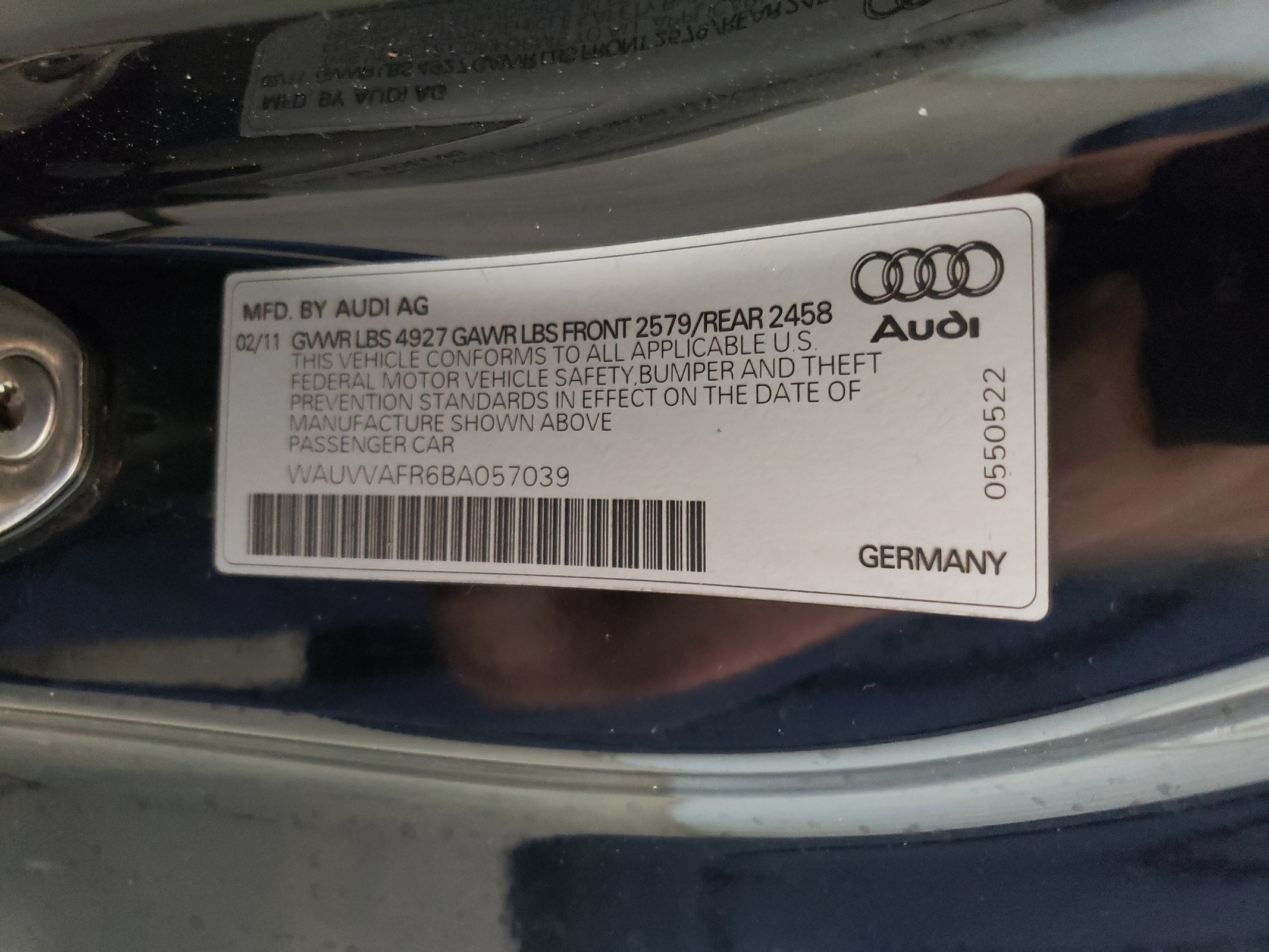 WAUVVAFR6BA057039 2011 Audi S5 Prestige