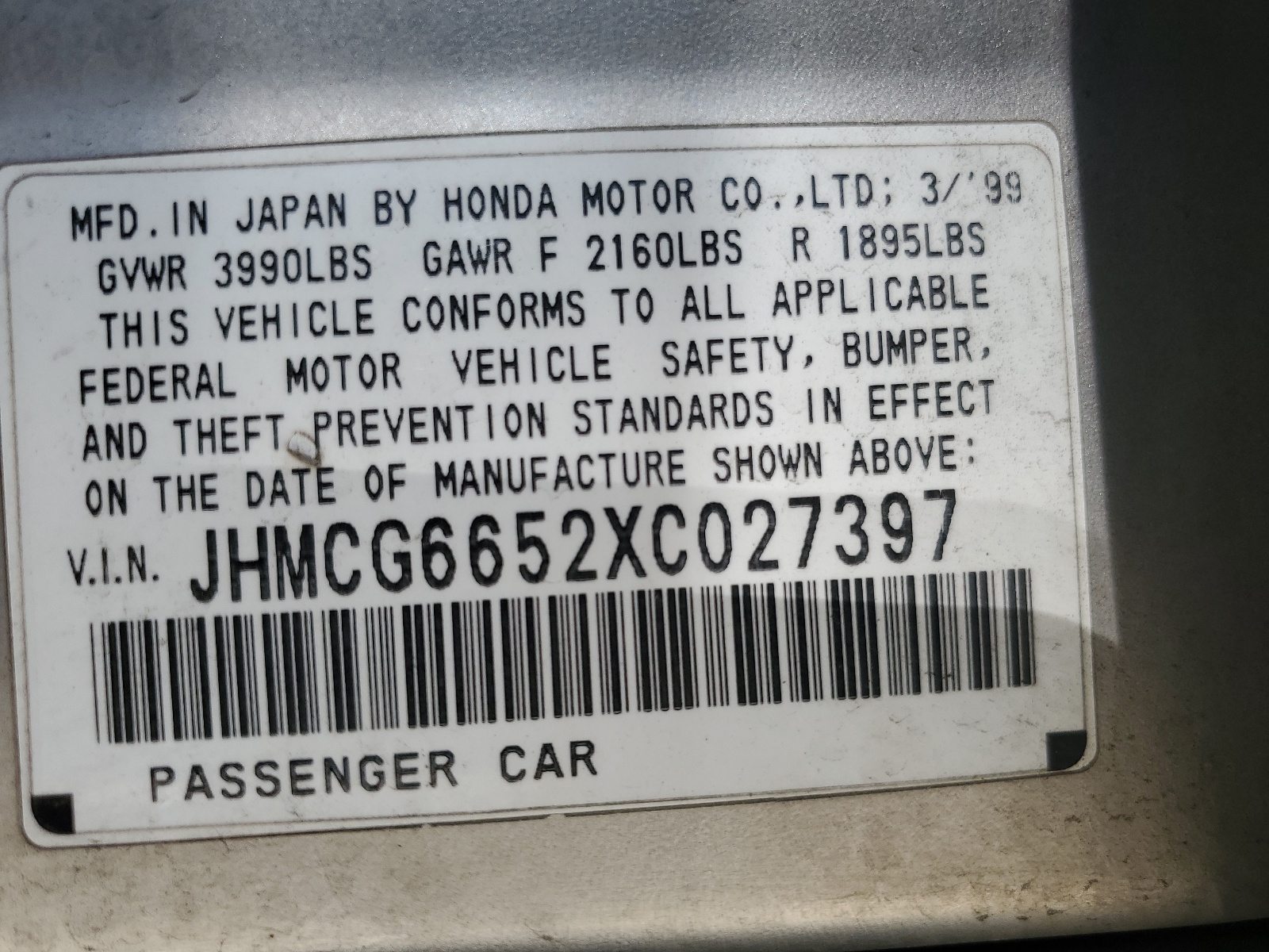 JHMCG6652XC027397 1999 Honda Accord Lx