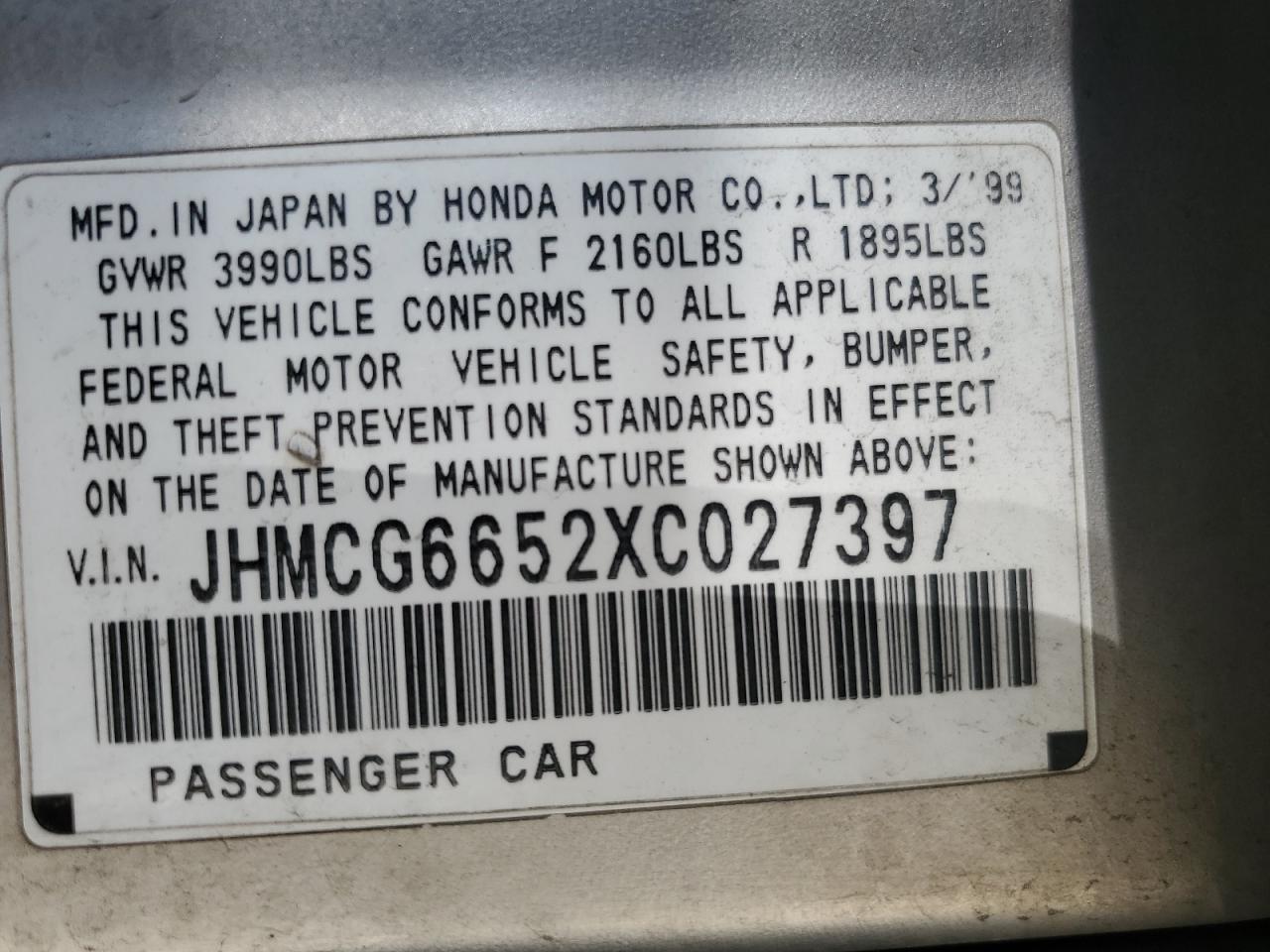 1999 Honda Accord Lx VIN: JHMCG6652XC027397 Lot: 61593704