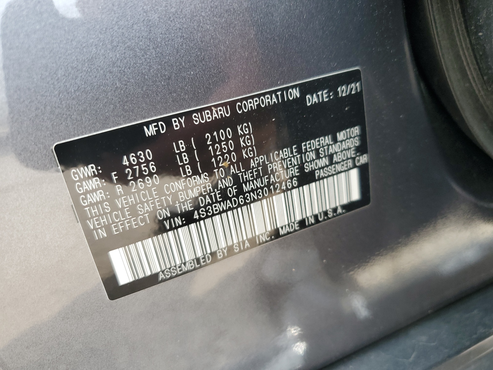 4S3BWAD63N3012466 2022 Subaru Legacy Premium