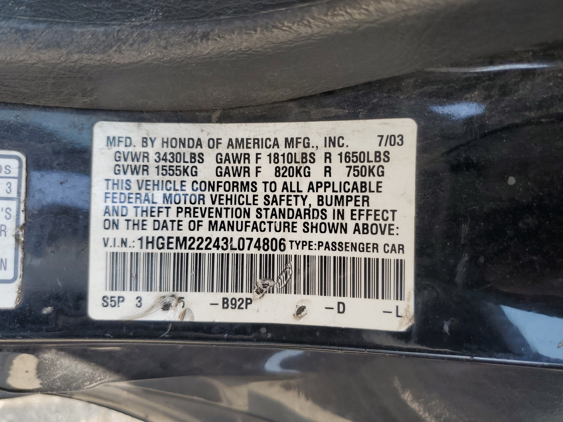 1HGEM22243L074806 2003 Honda Civic Dx