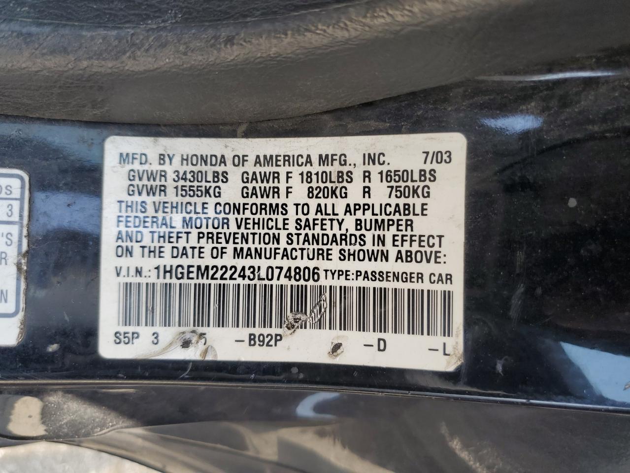 2003 Honda Civic Dx VIN: 1HGEM22243L074806 Lot: 64508914